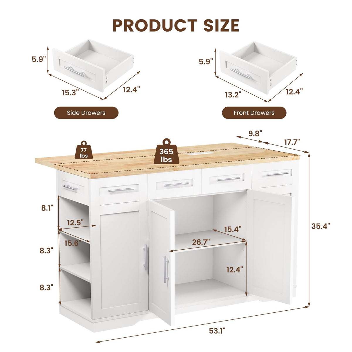Dripex 53'' Rolling Kitchen Island with Power Outlet, Drop Leaf & Trash Can