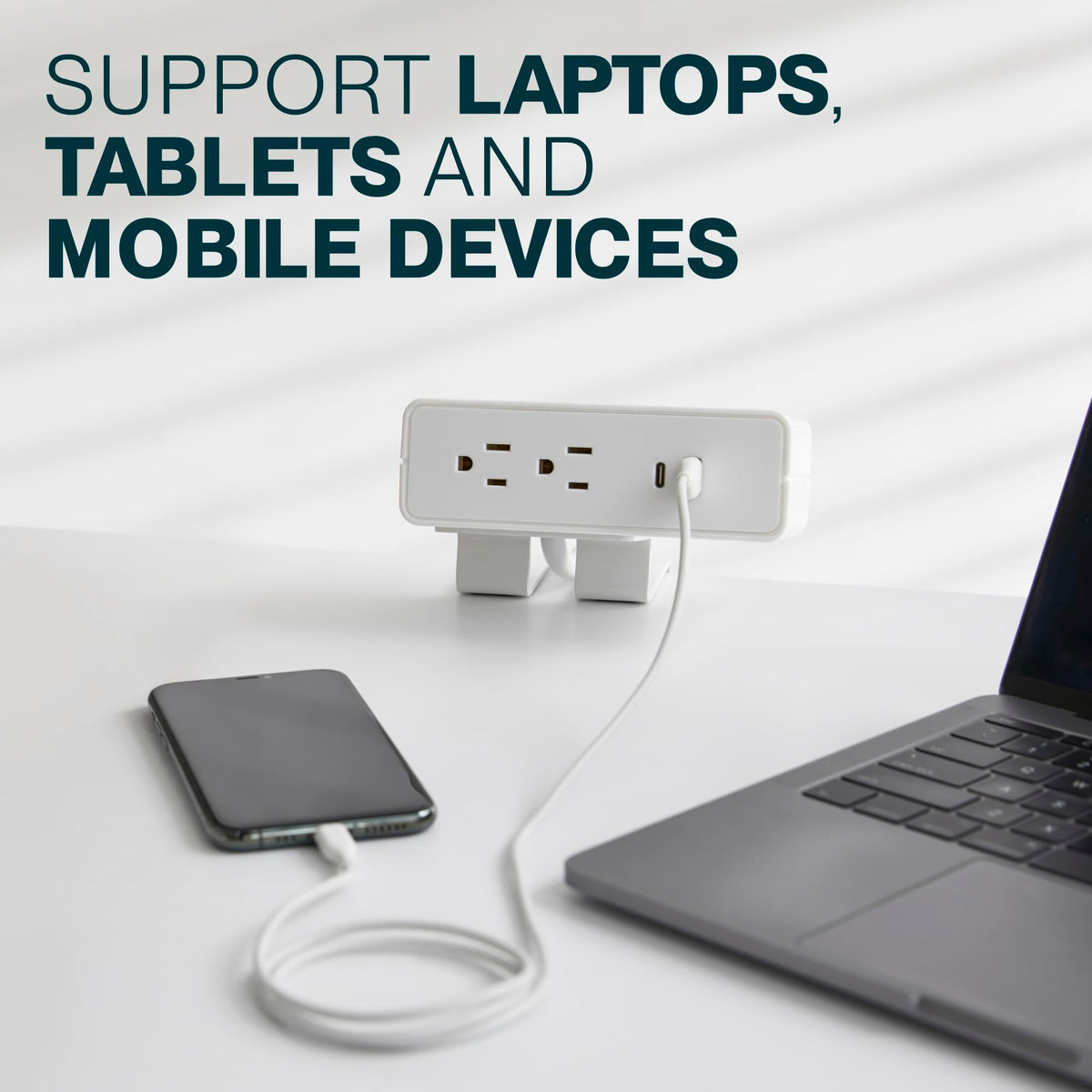 Humanscale NeatHub Desktop Power Strip, 2-Outlet, 2-Port White Desk Clamp Power Strip, Smart Power Distribution Desk Power Station, Desk Outlet for Laptops, Tablets, Mobile Devices