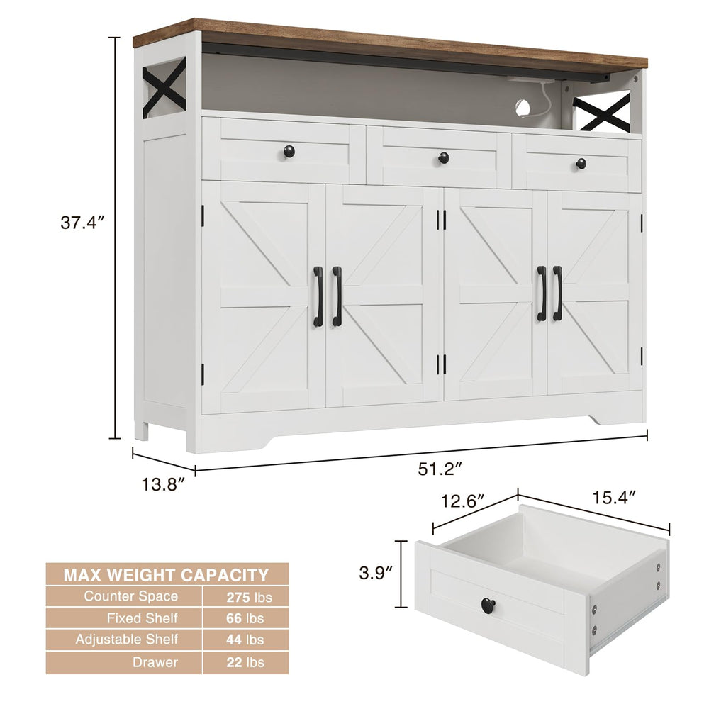51" Farmhouse Buffet Sideboard Cabinet with Storage, White Kitchen Storage