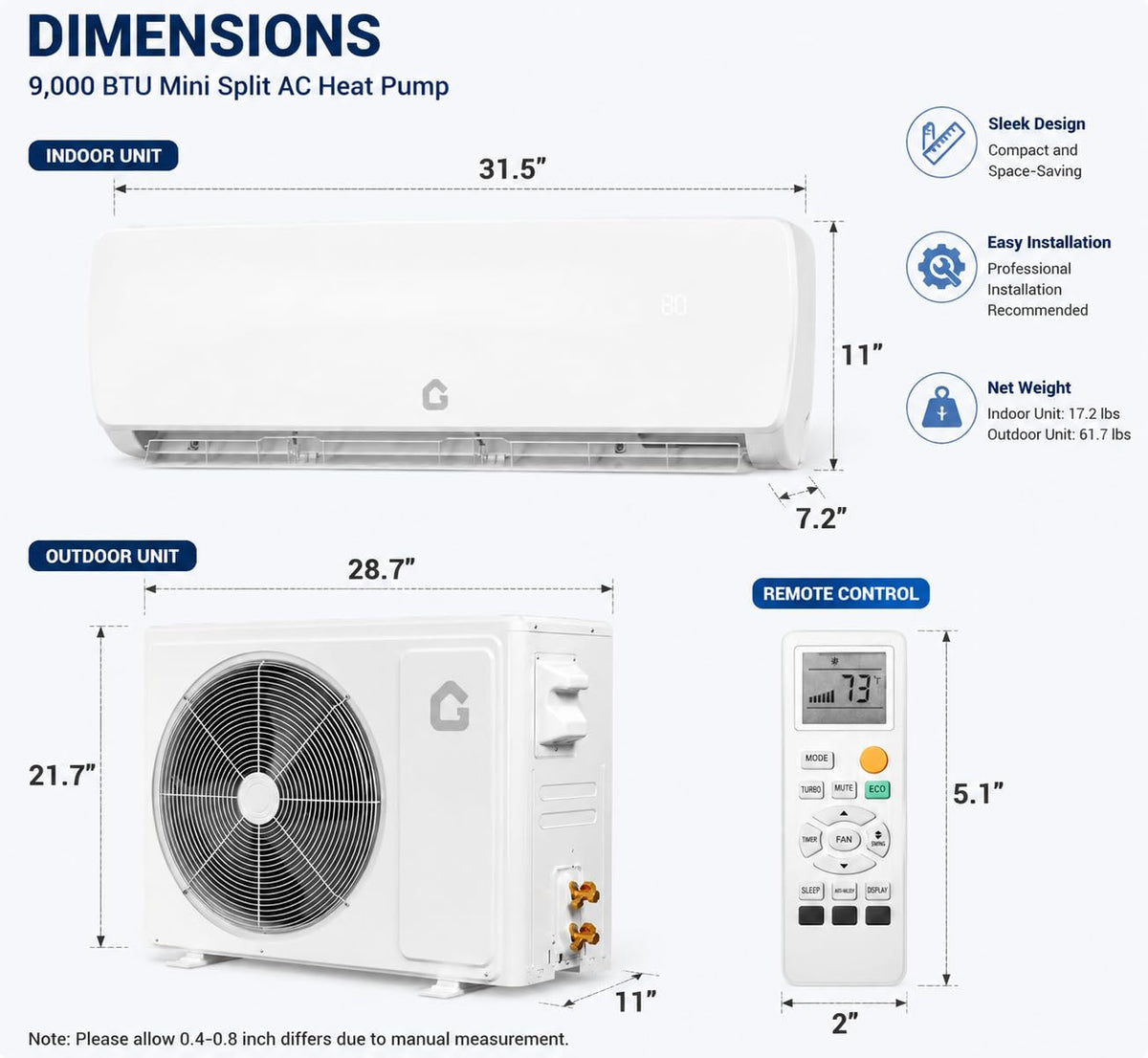 9,000 BTU Mini Split AC Heat Pump, Ductless Air Conditioner & Heater for Bedroom, Quiet Energy-Efficient Cooling & Heating for Rooms Up to 450 Sq.Ft.