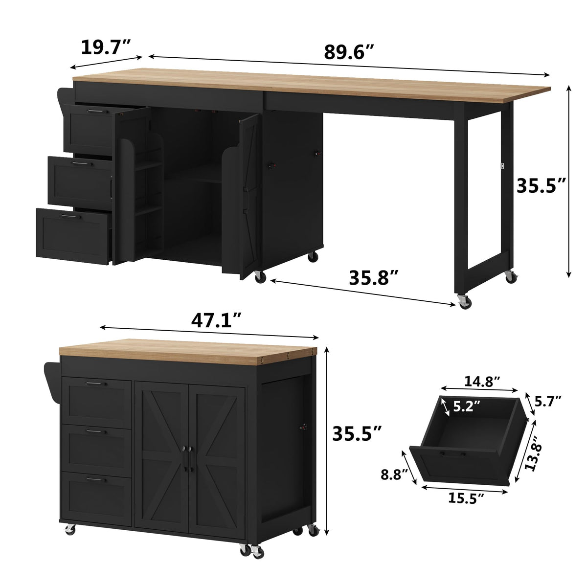 47”- 90” Flip-Top Kitchen Island with Extendable Dining Table, Mobile Rolling Storage Kitchen Cart with 3 Drawers & Spice Rack, Multi-Functional Bar Island Table Seats 2-4, Black