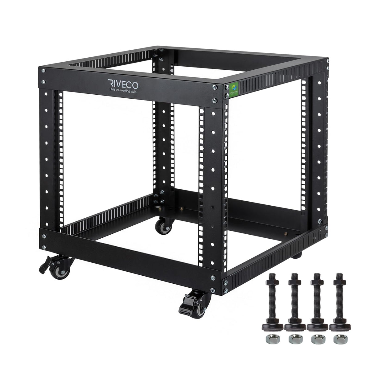 22U Open Frame Server Rack with Brake Casters +19" Rail Mounting PDU (8 Outlets) Power Strip with Surge Protector + 2PCS Rack Shelves Cantilever Tray Set Black