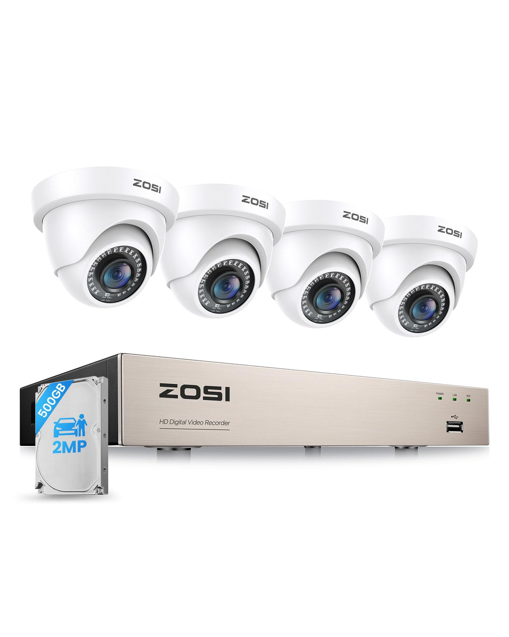 ZOSI 3K Lite 8CH Home Security Camera System, 4X 2MP Wired Cam, 500GB HDD