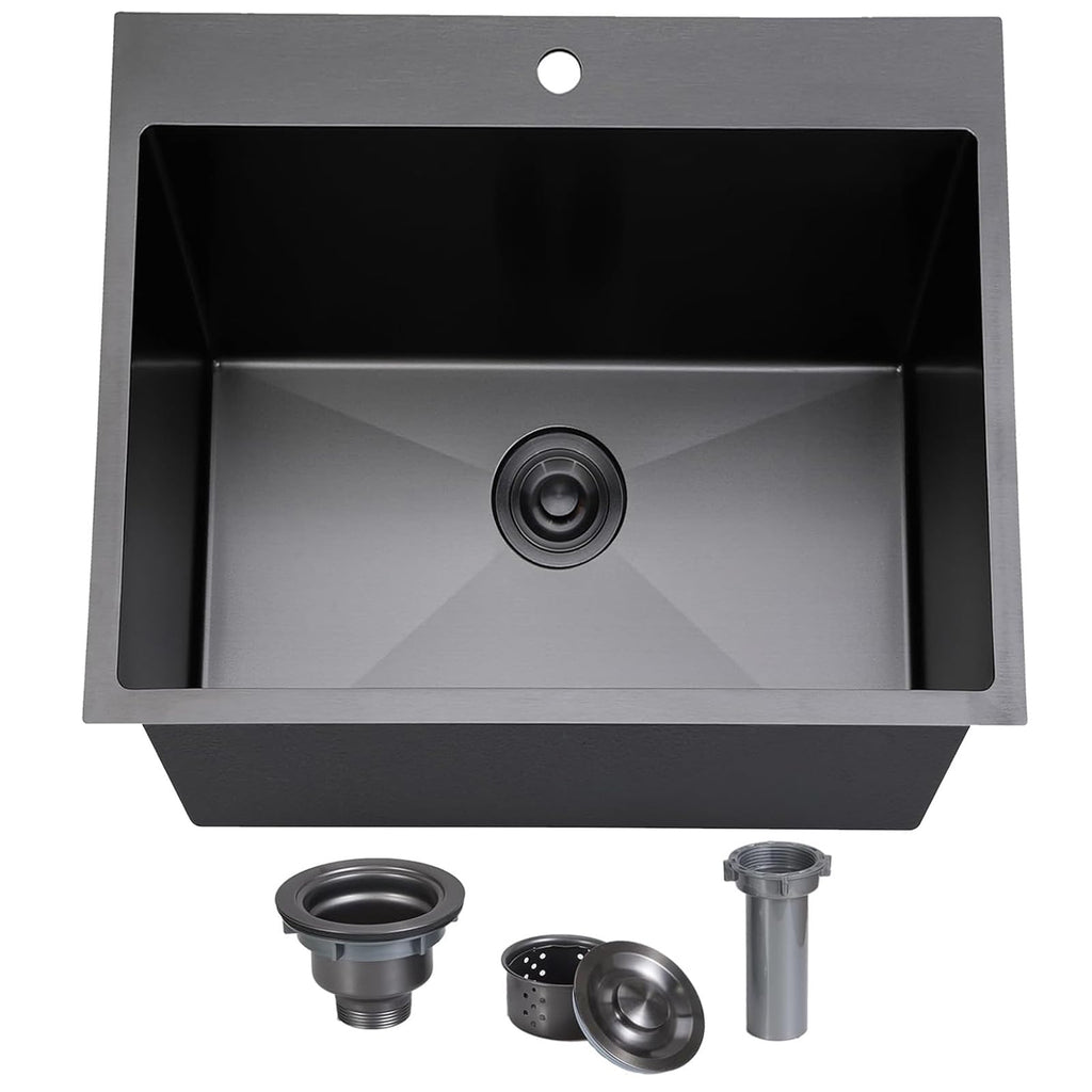 33x22 Black Drop In Kitchen Sink, 33 Inch All In One Topmount Gunmetal Black Stainless Steel Single Bowl Overmount Double Ledges Workstation Sink with Accessories