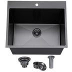 33x22 Black Drop In Kitchen Sink, 33 Inch All In One Topmount Gunmetal Black Stainless Steel Single Bowl Overmount Double Ledges Workstation Sink with Accessories