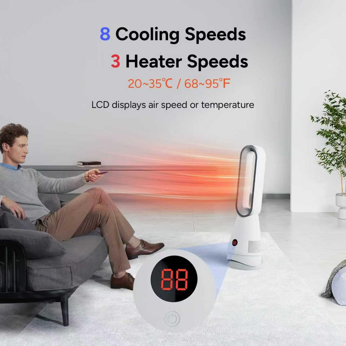Bladeless Heater Fan, 25inch Heating & Cooling & Filter Combo Tower Fan 80° Oscillating with Remote, 9H Timer, 8 Speeds, Portable Quiet for Indoor, Bedroom, Home Office Room, White&Sliver