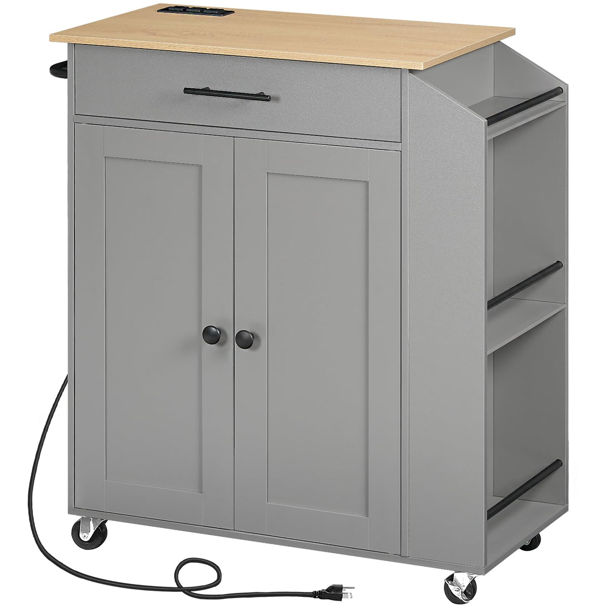 HOOBRO Kitchen Island with Power Outlet, Storage Island with Spice Rack and Drawer, Rolling Kitchen Cart on Wheels, for Home, Dining Room, Rustic Brown and Black