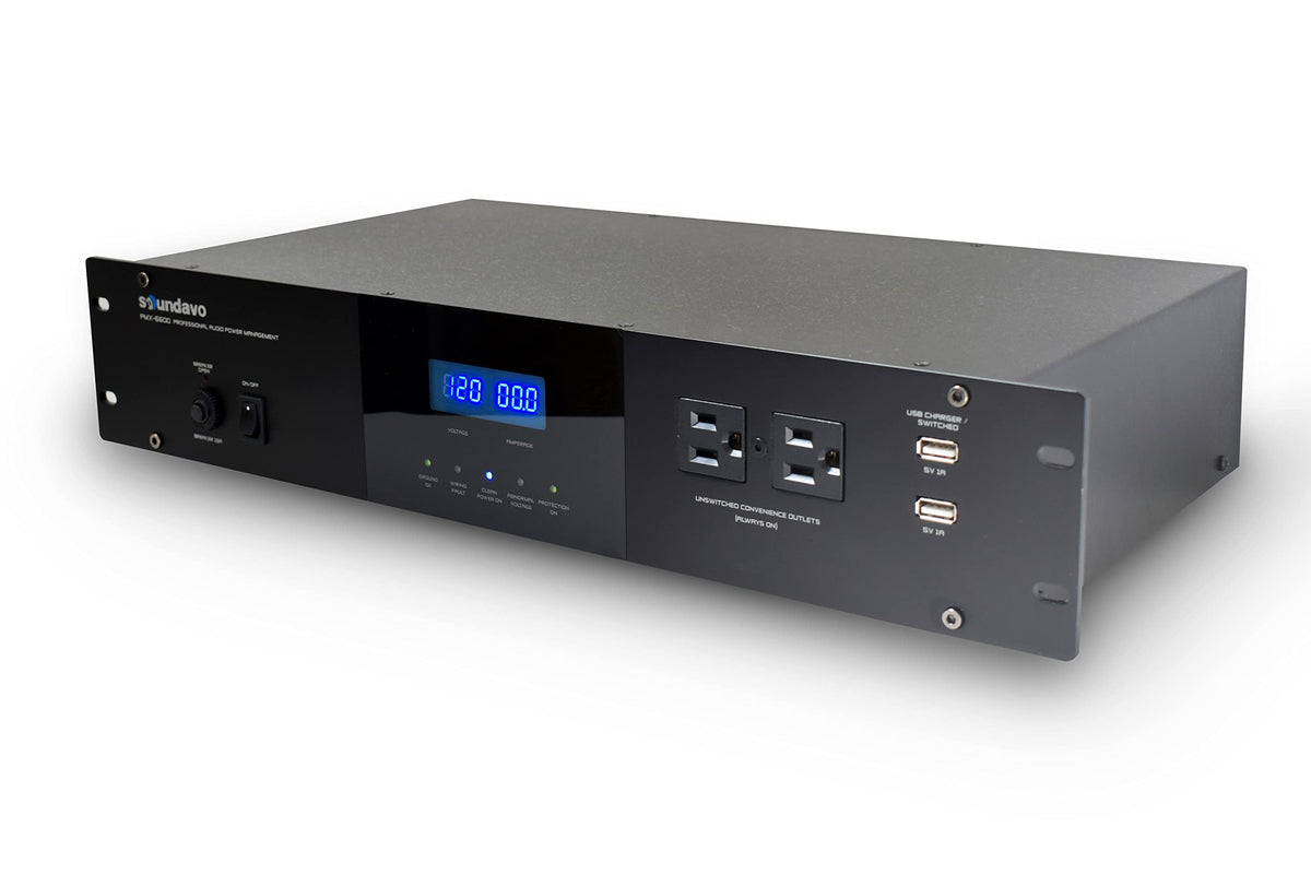 PMX-6600 Professional Audio Power Conditioner/Surge Sequencer 14 Protected Outlets and 3 Zones 15A with LED Voltmeter Display with 2 x USB Charger (BLACK-2U)