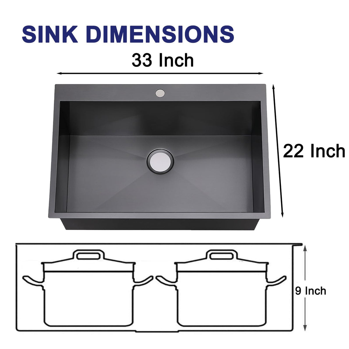 VAPSINT 33x22 Black Drop in Kitchen Sink, 33 Inch Gunmetal Black Stainless Steel Top Mount Kitchen Sink, Single Bowl Laundry Sink with Strainer