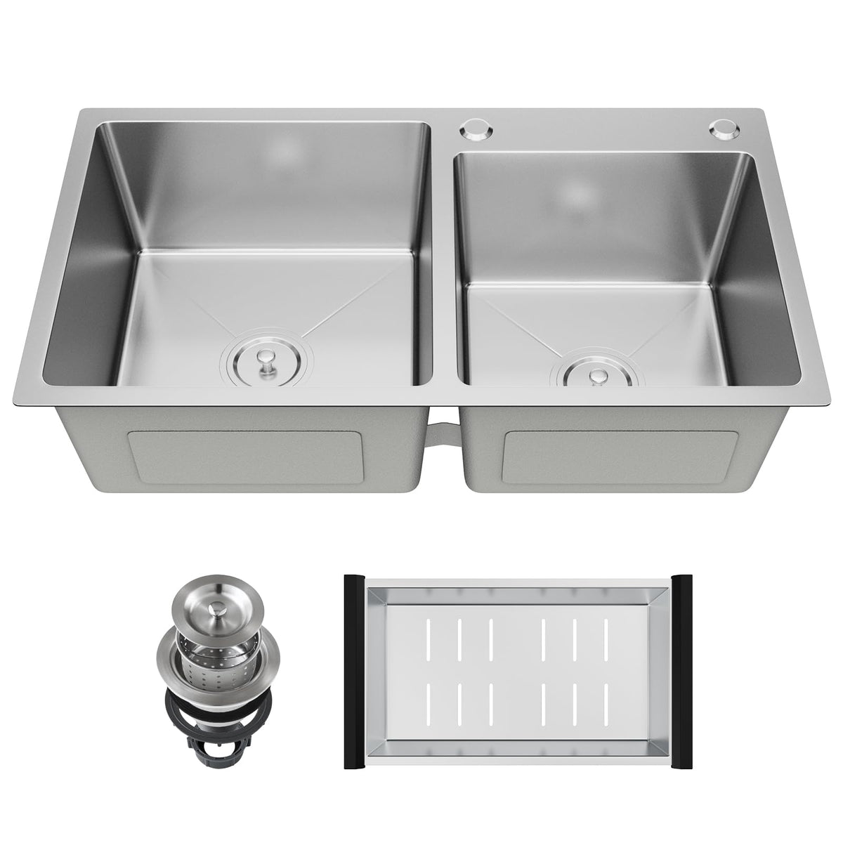 30-inch Black Kitchen Sink, Double Bowl Drop-in/Top-Mount 304 Stainless Steel with Nano Coating, Includes Drain Assembly & Fruit Basket for Modern Kitchen (30.7" x 16.9")
