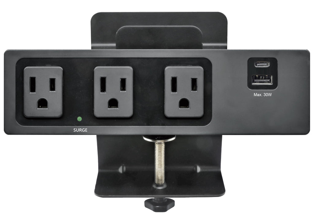 Electriduct Desk Clamp Power Strip Surge Protector 30W USB Type C Fast Charger - 3 AC Outlets, USB-C & USB-A Charging Ports Edge Mount Charging Station, UL Listed, 8FT Extension Cord, Black, 2-Pack