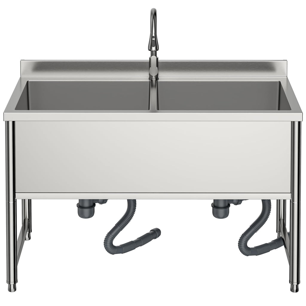 47" Stainless Steel Large Commercial Sink 2 Bowl with Pull-out Faucet