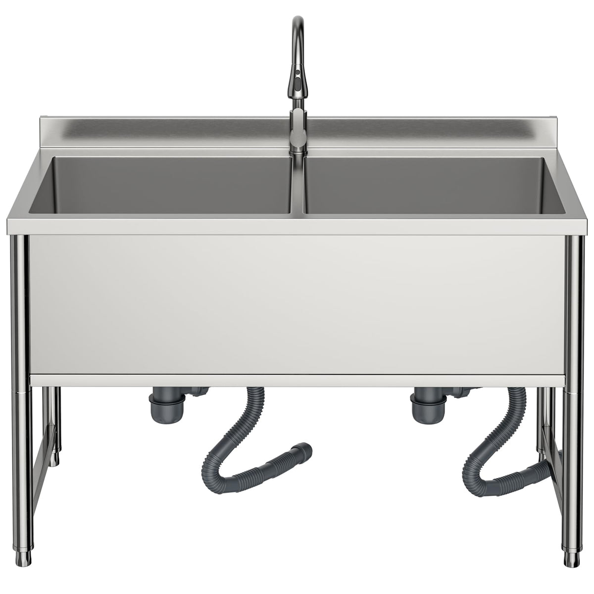47" Stainless Steel Large Commercial Sink 2 Bowl with Pull-out Faucet