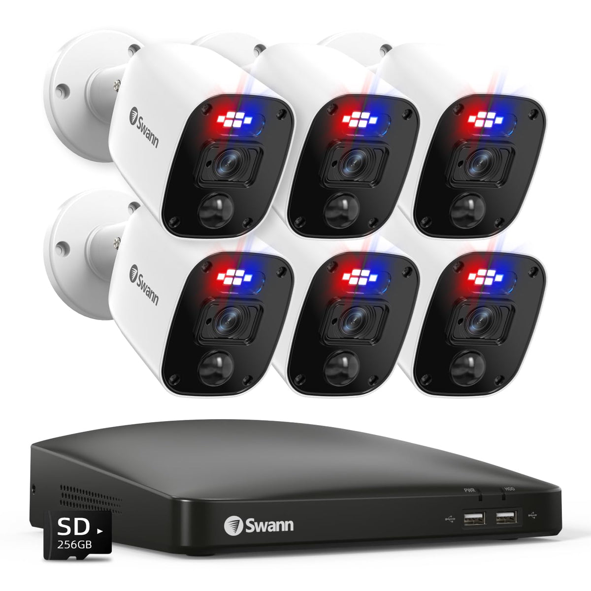 Swann Security Camera System, 1080P Full HD DVR, Wired, 4 Channels 4 Camers, Home/Outdoor, 24/7 Recording, Deterrent Red & Blue Lights, Color Night Vision, Human Vehicle Detection, 446854MQB