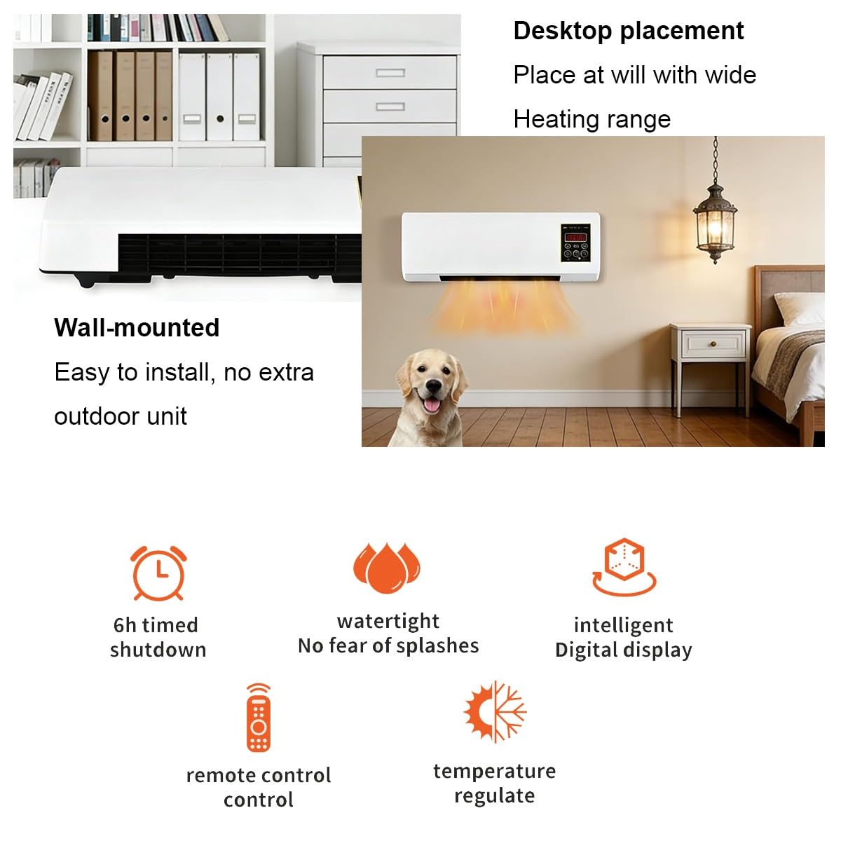 Wall Mount AC Heater Combo, 1500W Quiet Fan for Bedroom and Office, Smart Remote Control with 24H Timer, Portable Cooling and Heating Unit for Year-Round Comfort
