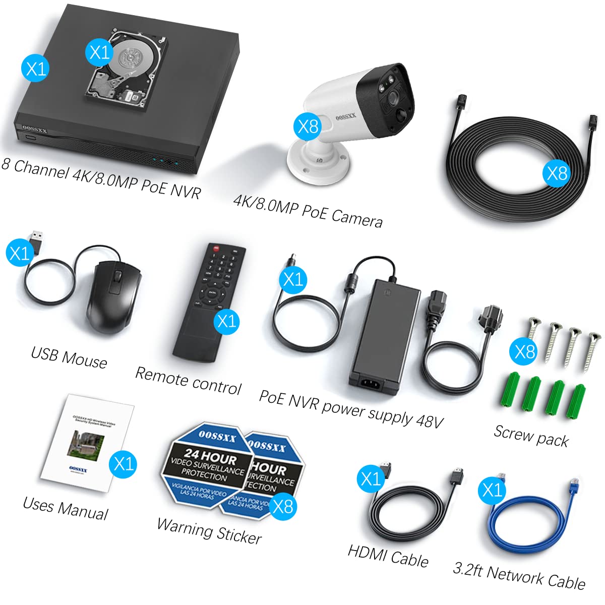 OOSSXX 4K POE Wired Home Security Camera System, 8 Wired 4K Bullet Cameras