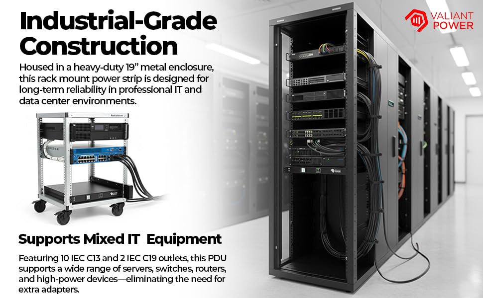 Rack Mount Power Strip - 240V 30A 2C19 & 10 C13 outlets PDU with 20,000 amp Surge Protector, Volt & Amp Meter for Data Center & IT use - 19” Metal Housing, Ears & Fittings Included Valiant Power Co