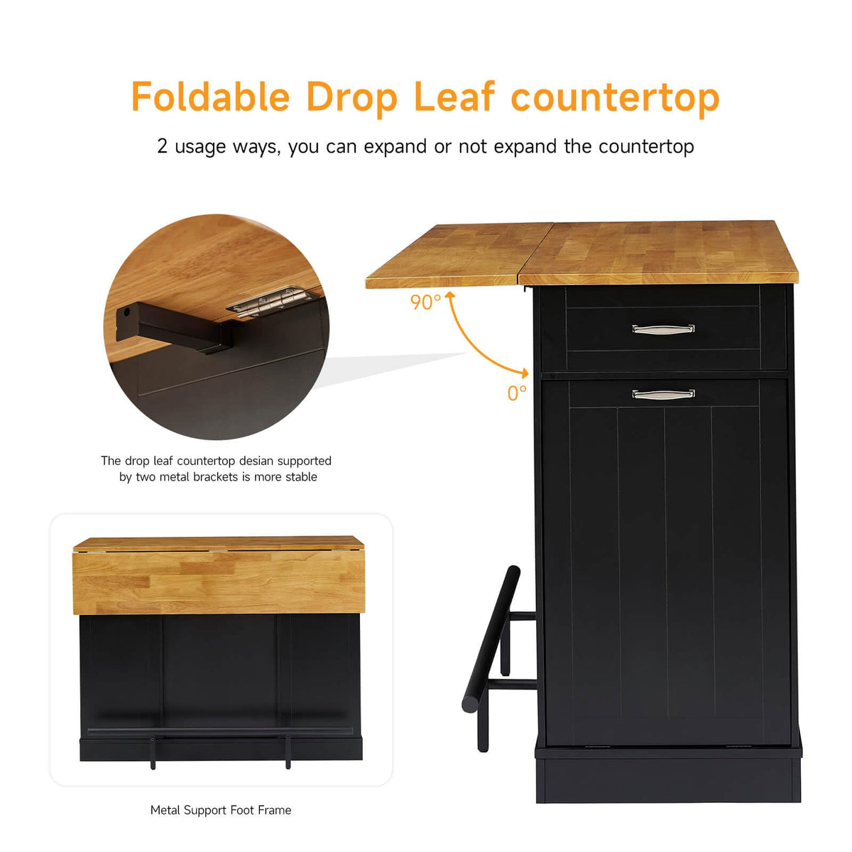 47" Kitchen Island with Trash Can Storage, Include 2 Chairs, Black