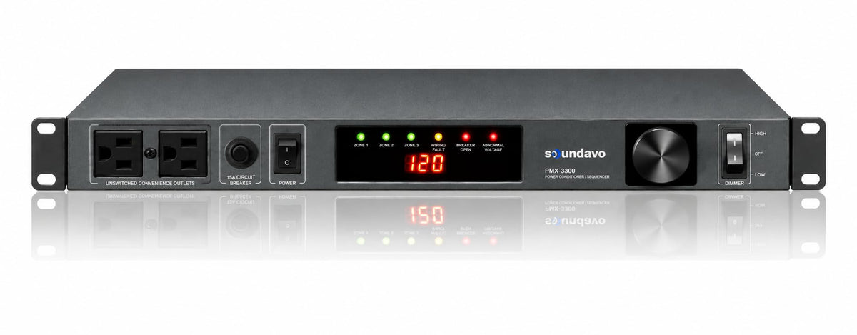 PMX-3300 Power Conditioner and Surge Sequencer 10 Protected Outlets and 3 Zones 15A with LED Voltmeter Display & Pullout Light (Grey)