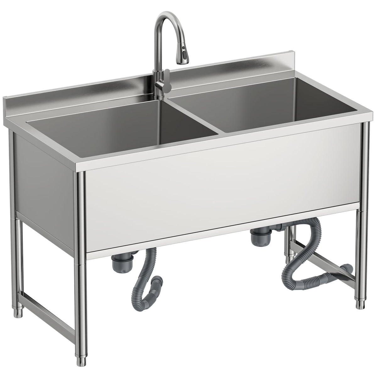 47" Stainless Steel Large Commercial Sink 2 Bowl with Pull-out Faucet