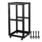 22U Open Frame Server Rack with Brake Casters +19" Rail Mounting PDU (8 Outlets) Power Strip with Surge Protector + 2PCS Rack Shelves Cantilever Tray Set Black