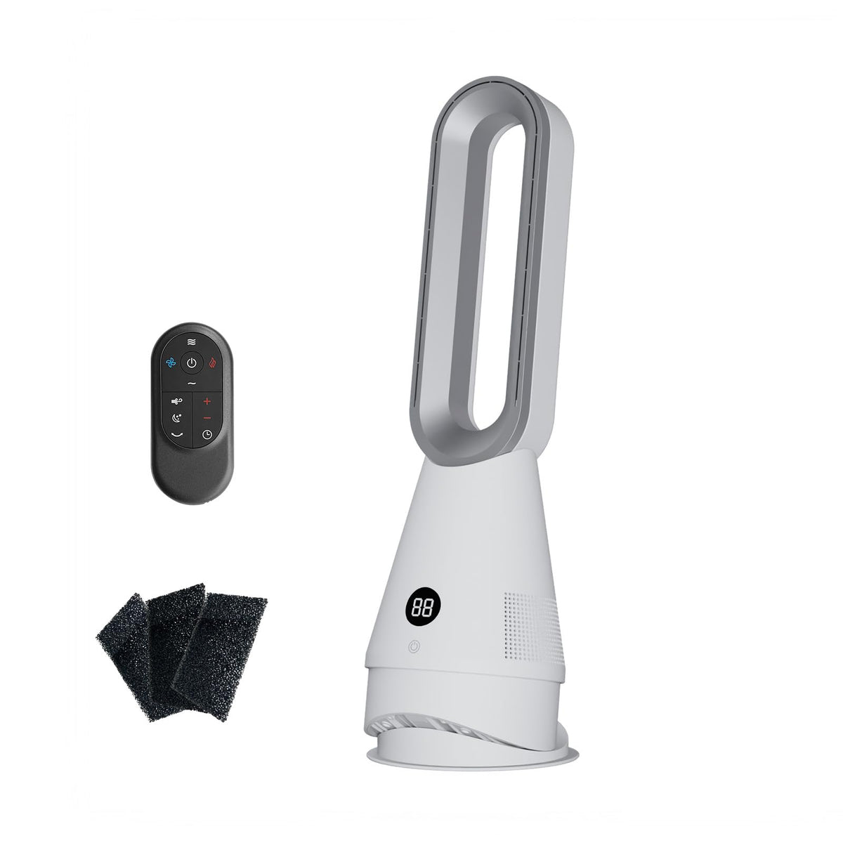 Bladeless Heater Fan, 25inch Heating & Cooling & Filter Combo Tower Fan 80° Oscillating with Remote, 9H Timer, 8 Speeds, Portable Quiet for Indoor, Bedroom, Home Office Room, White&Sliver