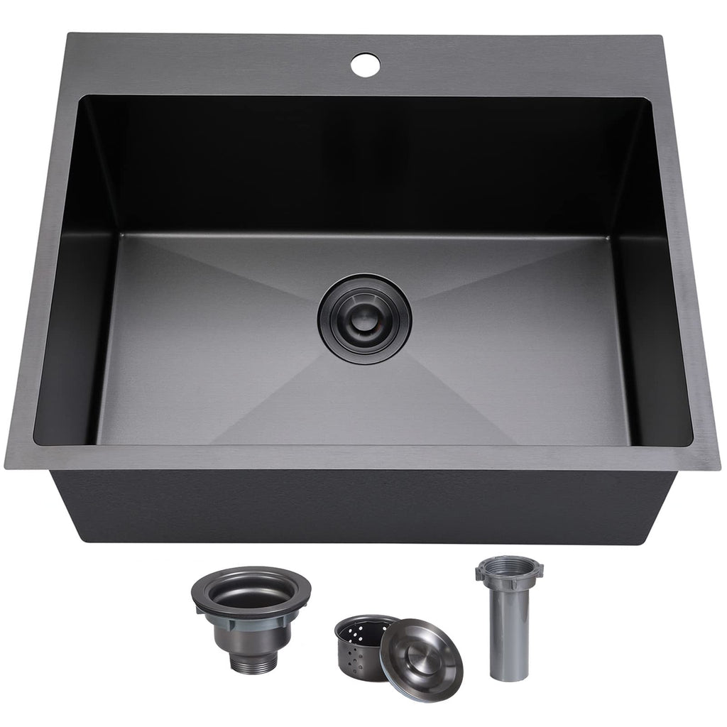 33x22 Black Drop In Kitchen Sink, 33 Inch All In One Topmount Gunmetal Black Stainless Steel Single Bowl Overmount Double Ledges Workstation Sink with Accessories