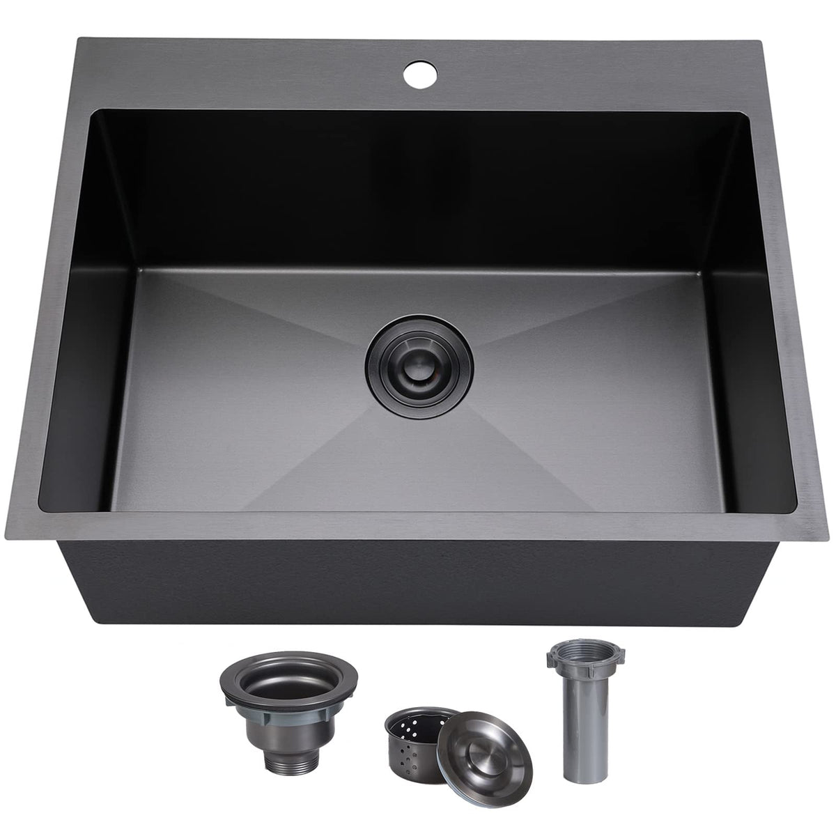 33x22 Black Drop In Kitchen Sink, 33 Inch All In One Topmount Gunmetal Black Stainless Steel Single Bowl Overmount Double Ledges Workstation Sink with Accessories