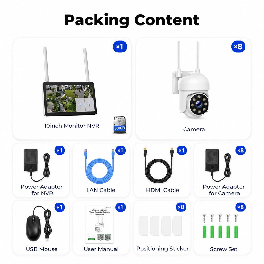 CAMCAMP Wireless Security Camera System with Monitor 8 Outdoor WiFi Cameras