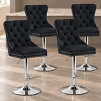 Velvet Swivel Bar Stools Set of 4, Height Adjustable, Black with Gold Base