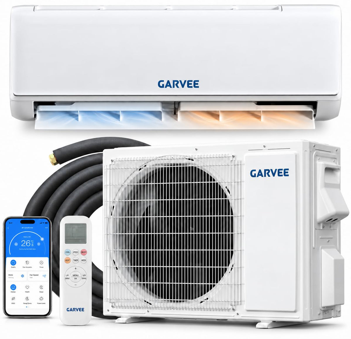 GarveeHome 9000 BTU Mini Split AC & Heat Pump, SEER2 18.5, 230V, Cools up to 450 Sq. Ft., Ductless Inverter System with WiFi, App & Remote Control