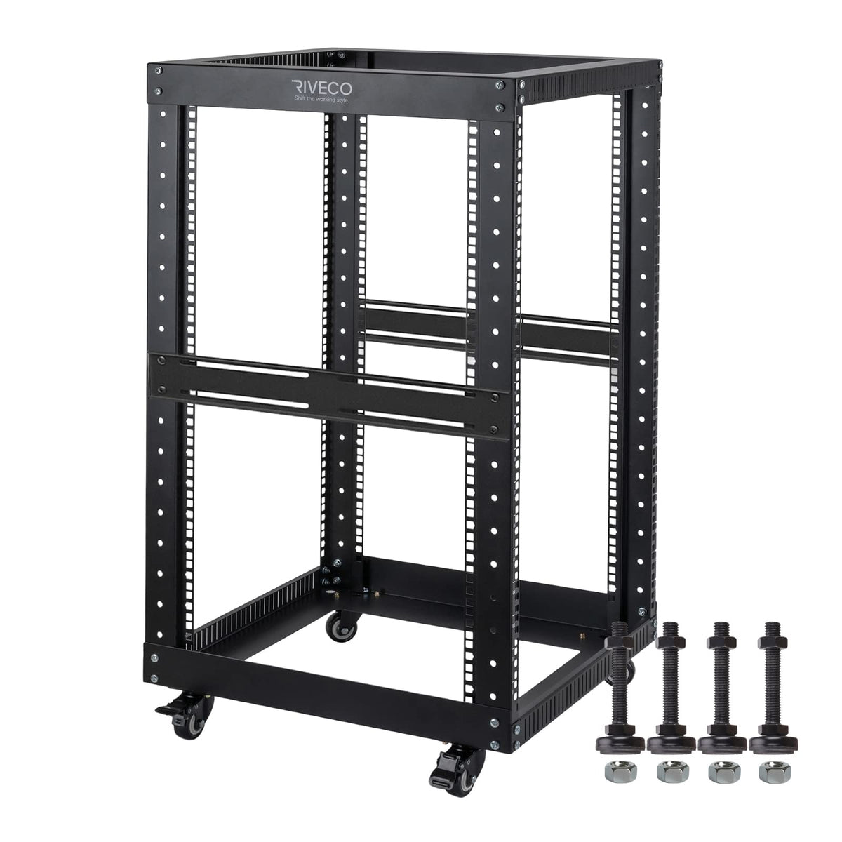 22U Open Frame Server Rack with Brake Casters +19" Rail Mounting PDU (8 Outlets) Power Strip with Surge Protector + 2PCS Rack Shelves Cantilever Tray Set Black