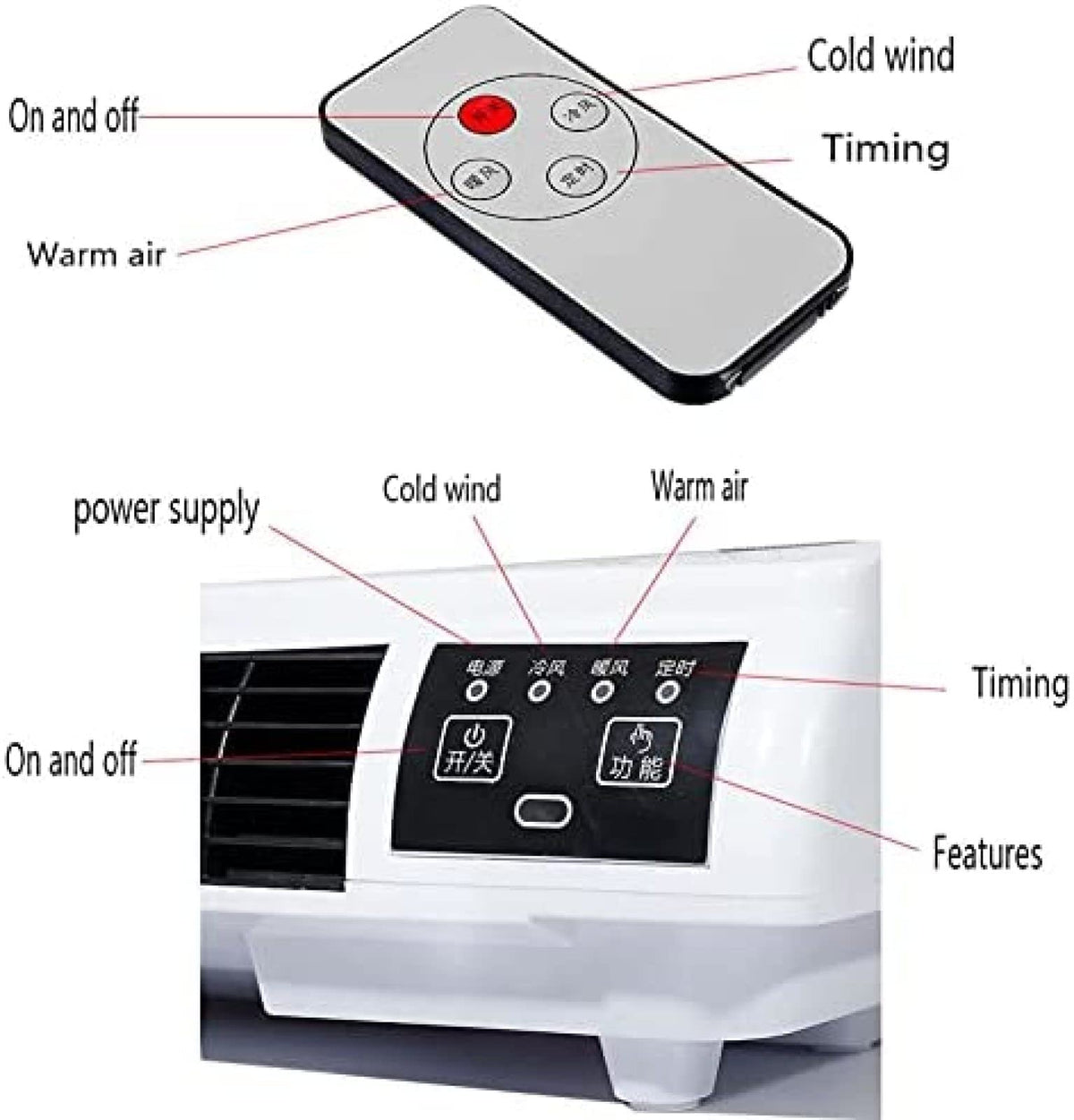 Wall-Mounted Remote Air Conditioner with Timer, Electric Cooling and Heating Machine, 1800W Power, Cooler & Heater for Living Room, Bathroom