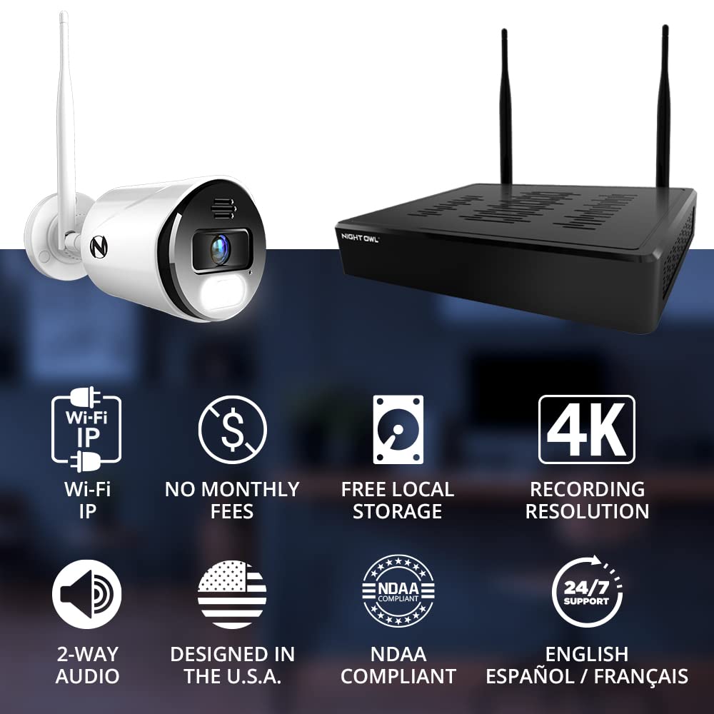 Night Owl 10-Ch Wireless NVR System, 4 4K Cams, 1TB HDD, 2-Way Audio, Siren