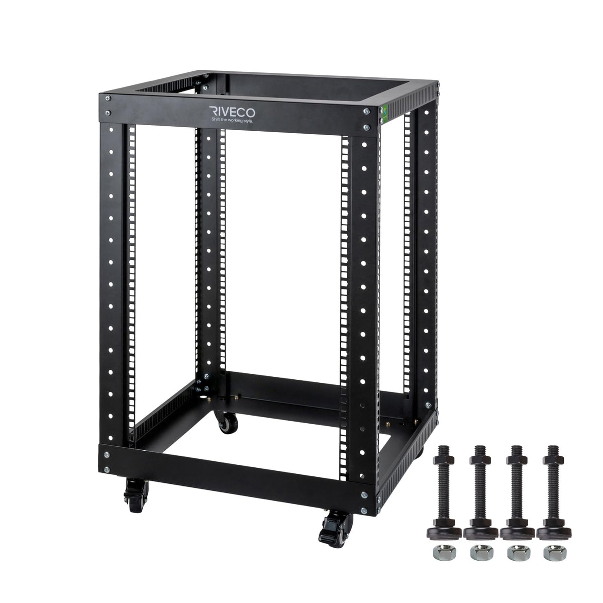 22U Open Frame Server Rack with Brake Casters +19" Rail Mounting PDU (8 Outlets) Power Strip with Surge Protector + 2PCS Rack Shelves Cantilever Tray Set Black