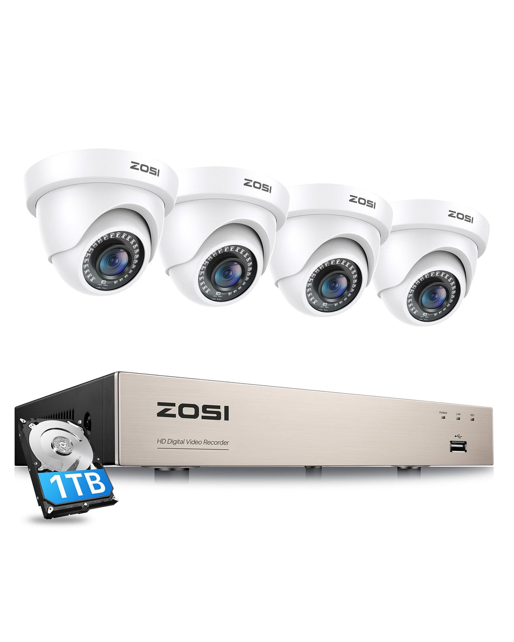 ZOSI 3K Lite 8CH H.265+ Home Security Camera System with AI Human/Vehicle Detection,Night Vision,5MP Lite 8 Channel CCTV DVR,4pcs 1080P 1920TVL 2MP Outdoor Indoor Surveillance Dome Cameras (No HDD)