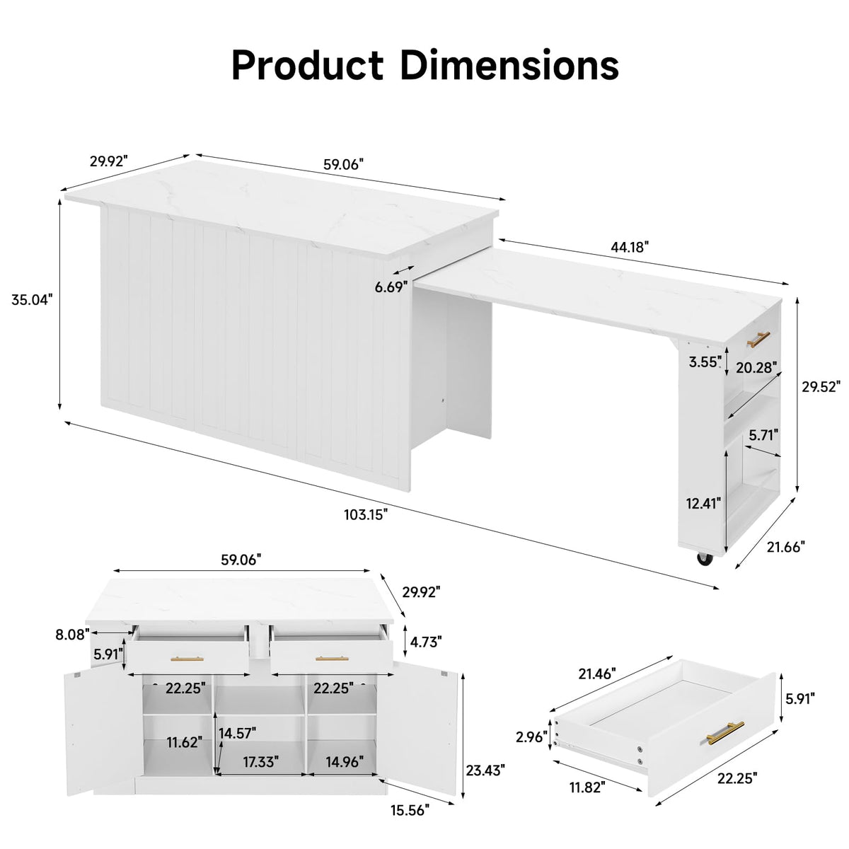 59"-103" Kitchen Island with Extendable Dining Table, White