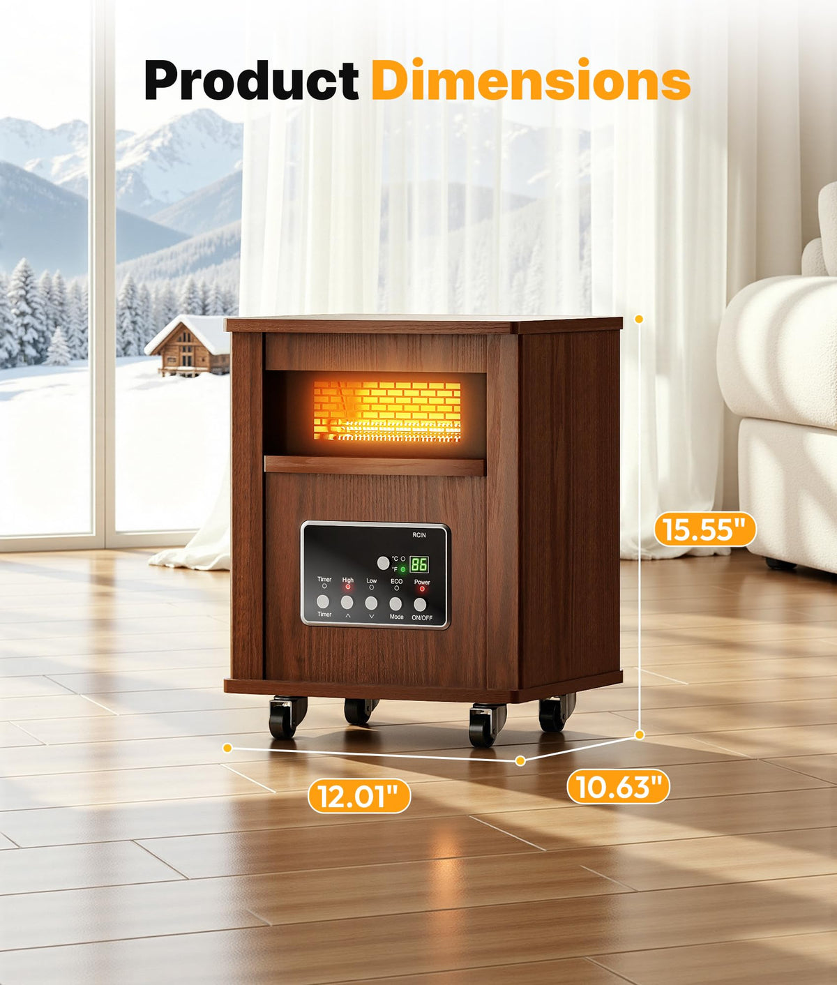 1500W Infrared Space Heater for Indoor Use with Wood Cabinet