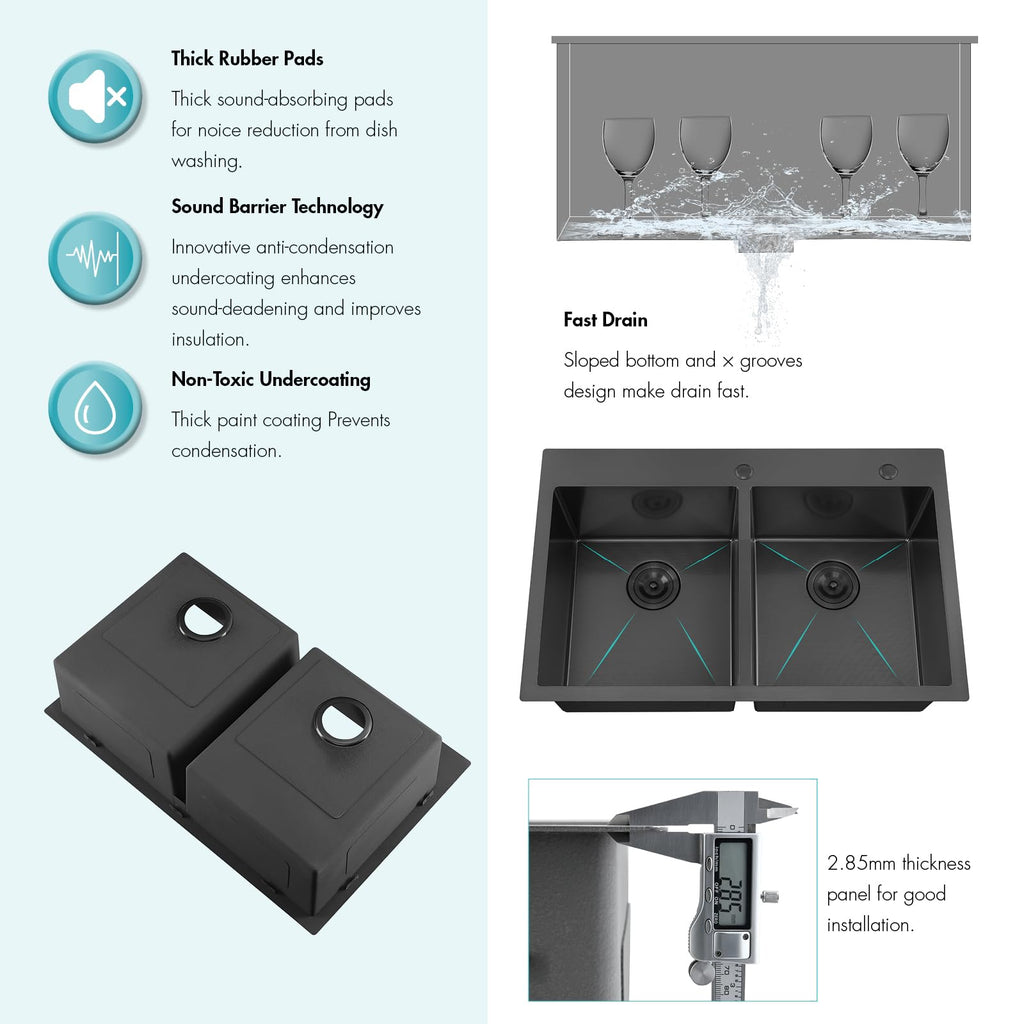 33 Inch Black Drop in Double Bowls Kitchen Sink