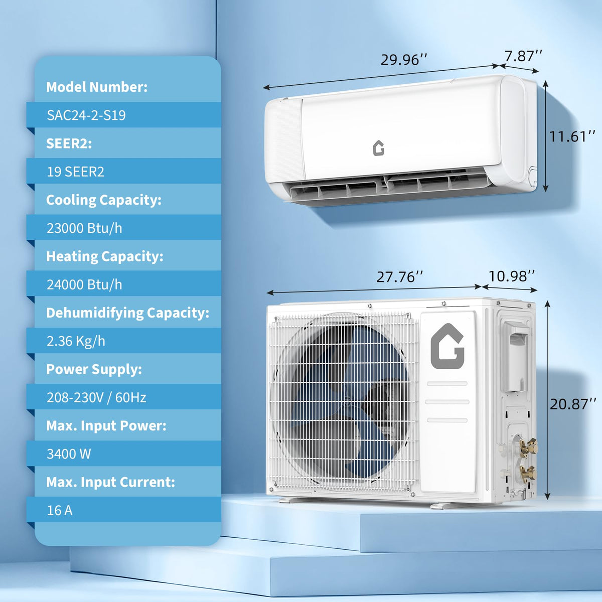 19 SEER2 24,000 BTU Mini Split AC & Heating System – 230V Inverter, Covers Up to 1,500 sq. ft., WiFi & Remote Control, Low Noise, Energy-Efficient Ductless Air Conditioner for Home