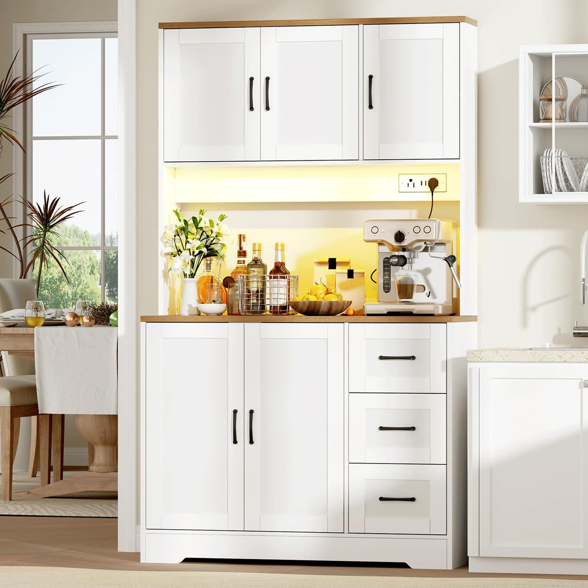 BEWISHOME 72" LED Tall Kitchen Pantry Storage Cabinet with Countertop