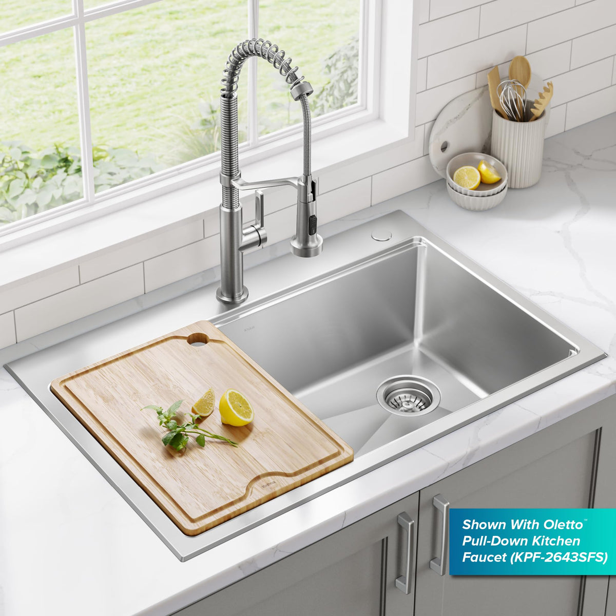 KRAUS Fairlane 33 in Drop In/Top Mount Workstation Single Bowl 18-Gauge Stainless Steel Kitchen Sink with Accessories, KWT610-33