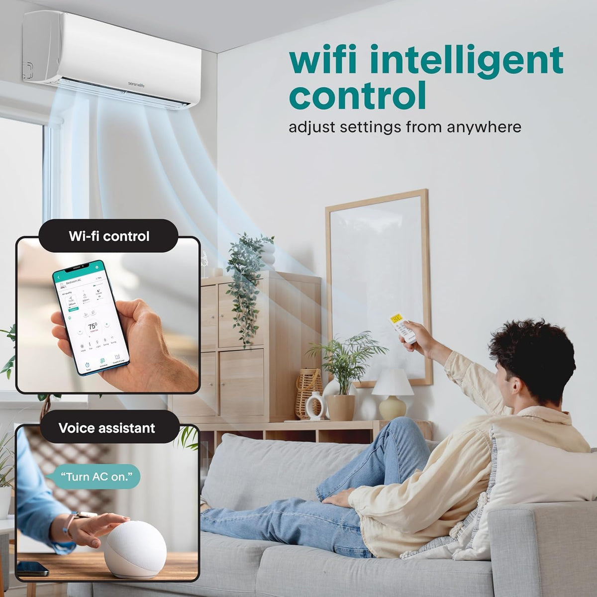 SereneLife 9,000 BTU Mini Split AC & Heating System, 115V Indoor & Outdoor Wall-Mounted Units with WiFi, Installation Kit Included for Home, Office & Bedroom, Up to 450 Sq. Ft. Coverage