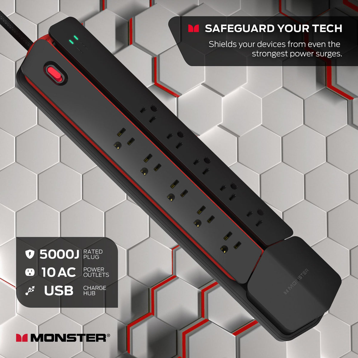 Monster Power Vertex Surge Protector with Detachable USB Power Strip (Black, Power Vertex XL)