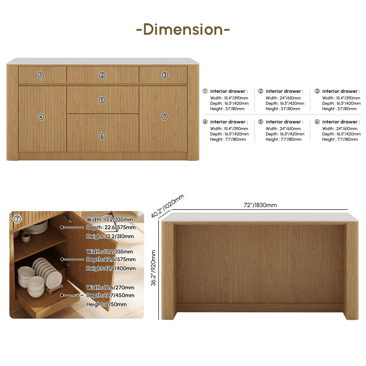 homary 72" Kitchen Island with Storage, Sintered Stone Top & 5 Drawers
