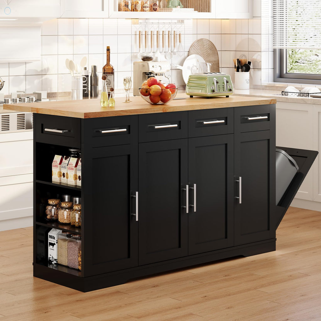 Dripex 53'' Rolling Kitchen Island with Power Outlet, Drop Leaf & Trash Can
