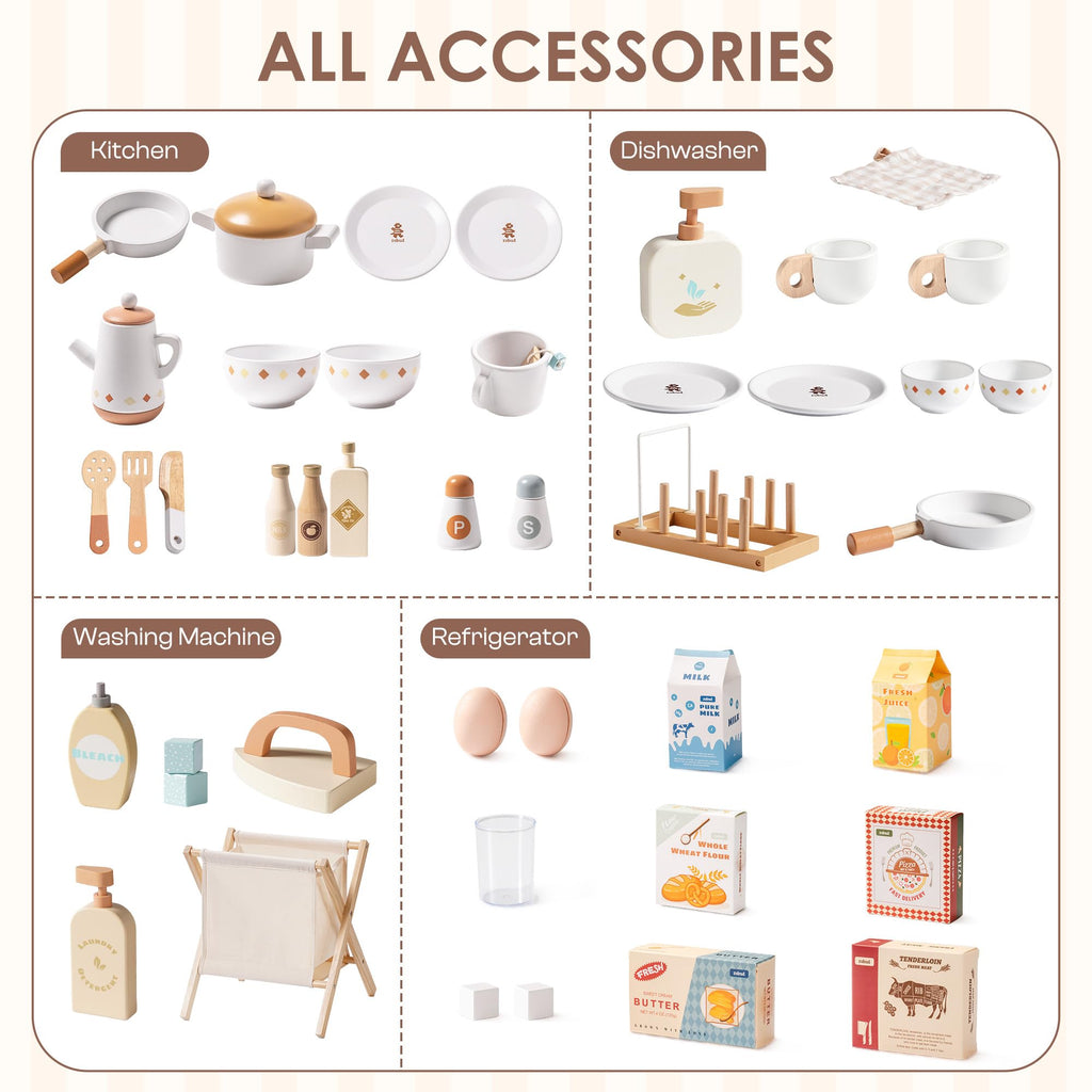 ROBUD 4-in-1 Wooden Play Kitchen Set with Fridge Washer Dishwasher