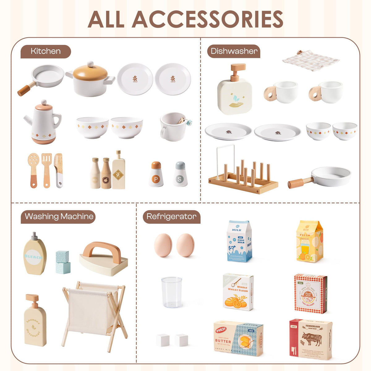 ROBUD 4-in-1 Wooden Play Kitchen Set with Fridge Washer Dishwasher