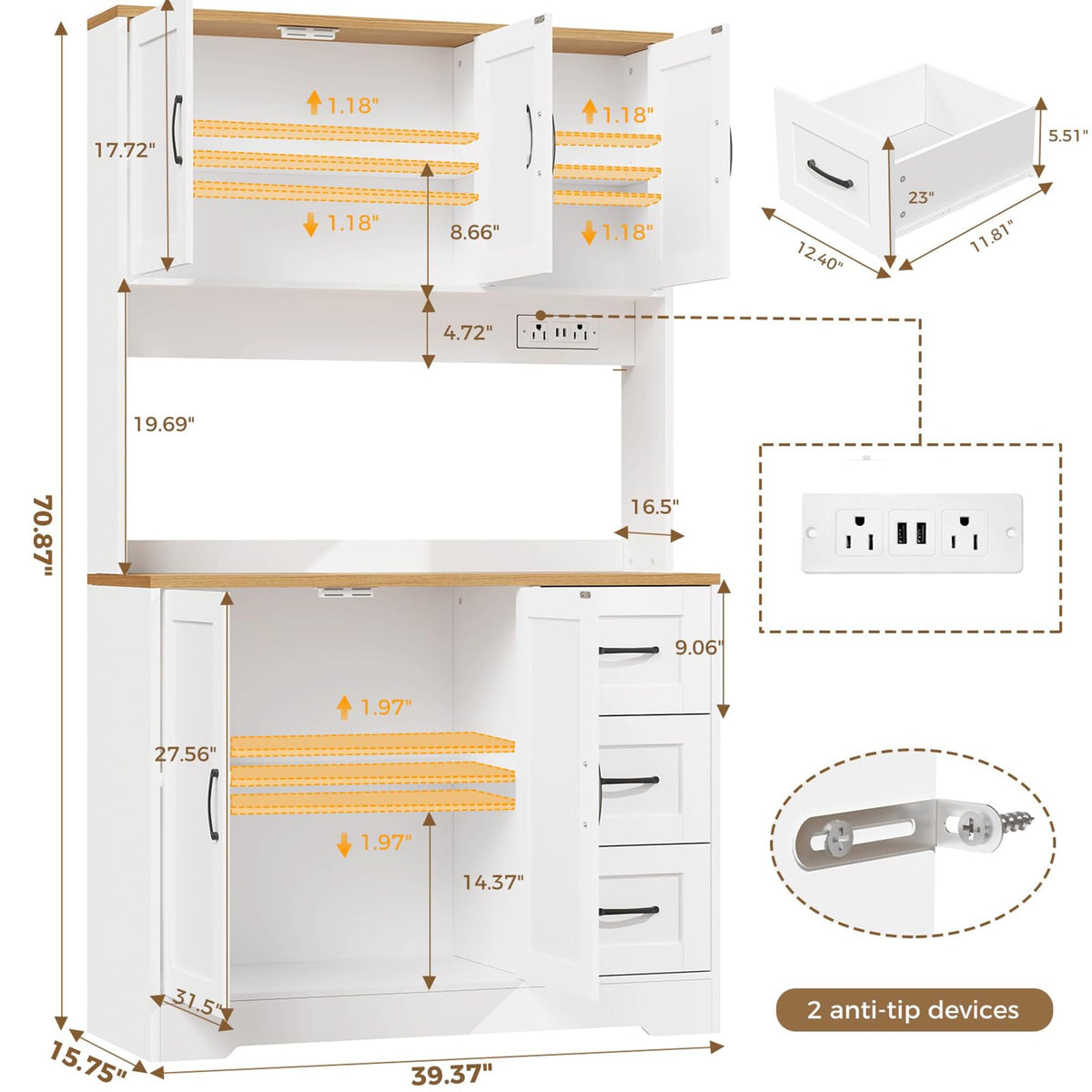 BEWISHOME 72" LED Tall Kitchen Pantry Storage Cabinet with Countertop