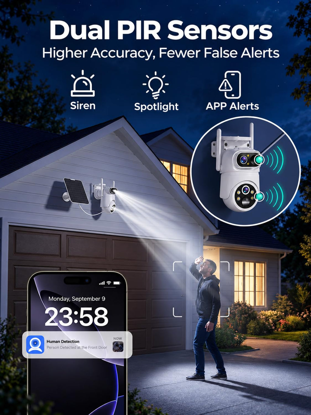 Solar Security Cameras Wireless Outdoor No Subscription with 128GB SD Home Hub, 2 Cam Kit 4 Views Dual-Len Solar Powered Camera Home Security System, 5GHz & 2.4GHz Wifi, 4MP Color Night Vision IP66